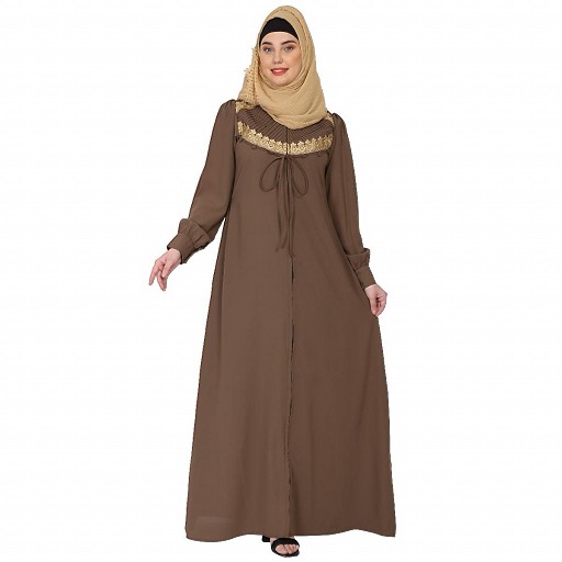 Zipper Front open pleated abaya with lace work- Beige